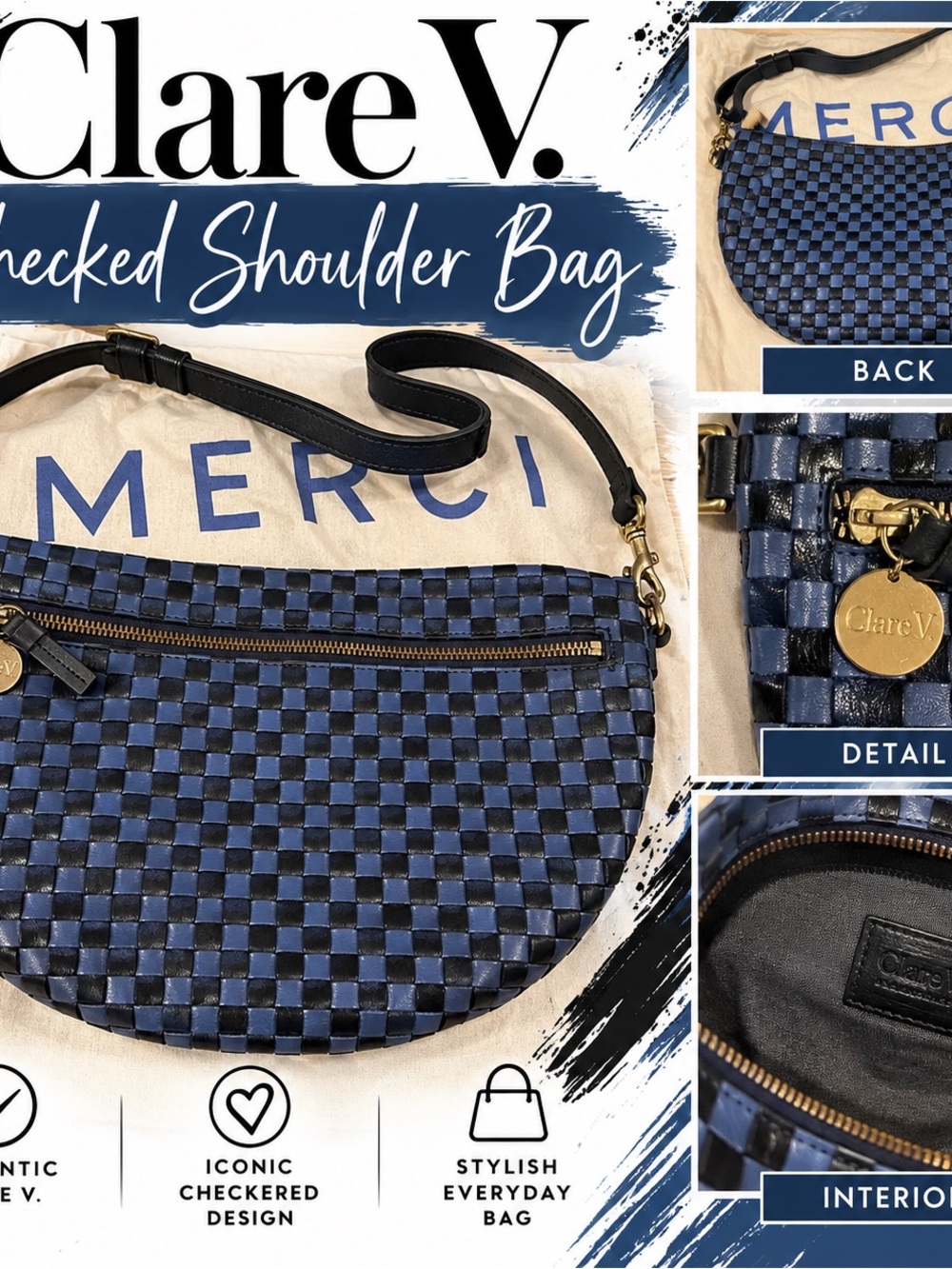 Clare V Navy and Black Checked Shoulder Bag
